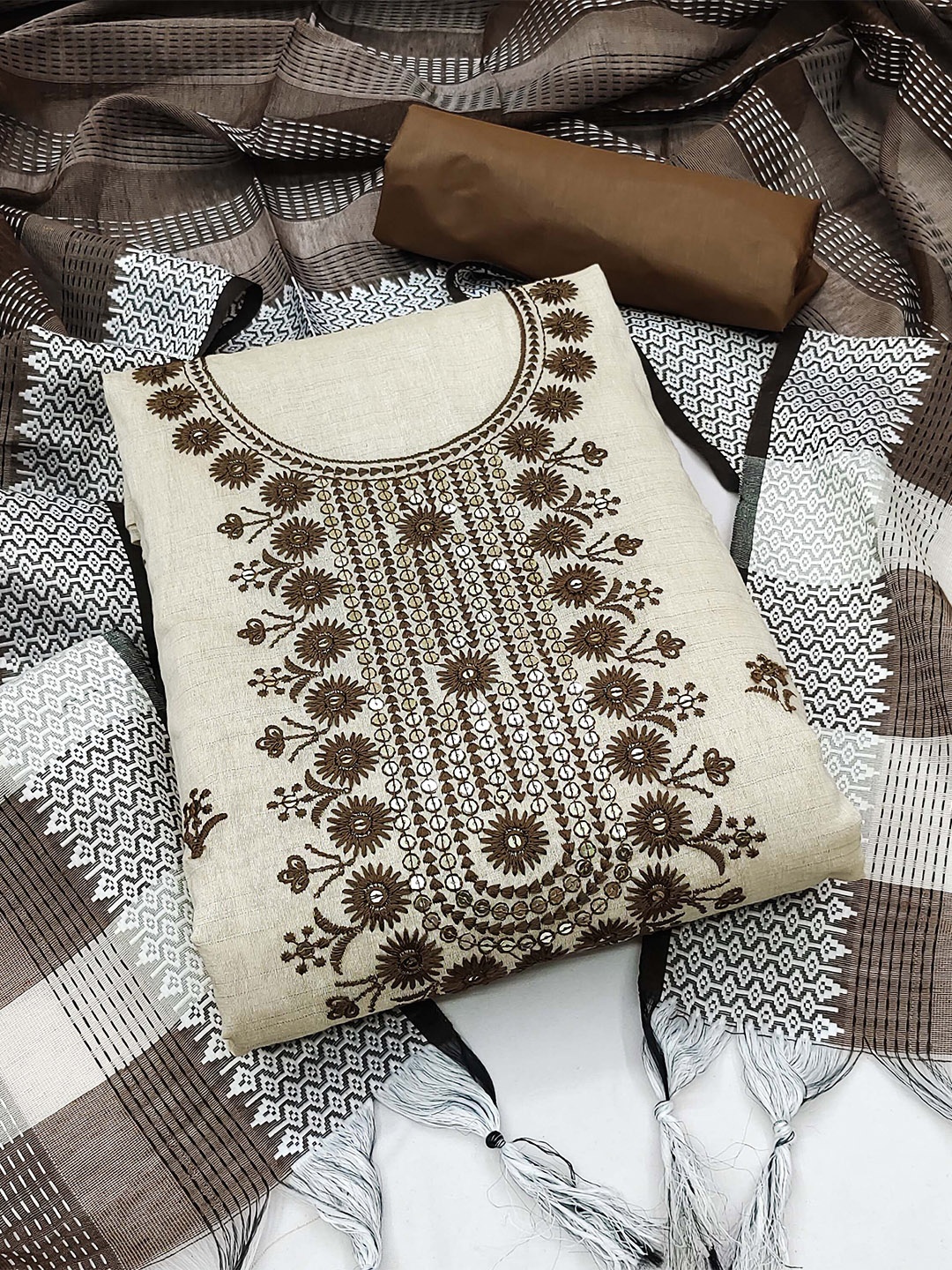 

SAINOOR Floral Embroidered Sequinned Khadi Cotton Unstitched Dress Material, Coffee brown