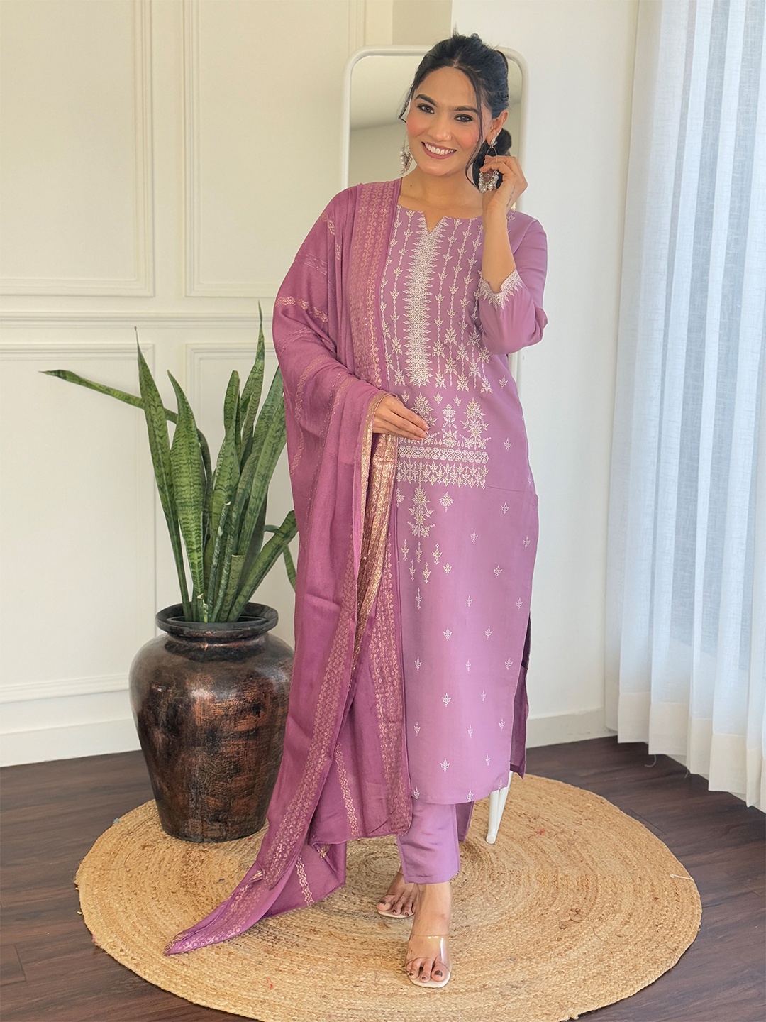 

KALINI Ethnic Motifs Printed Notch Neck Straight Kurta With Trousers And Dupatta, Purple