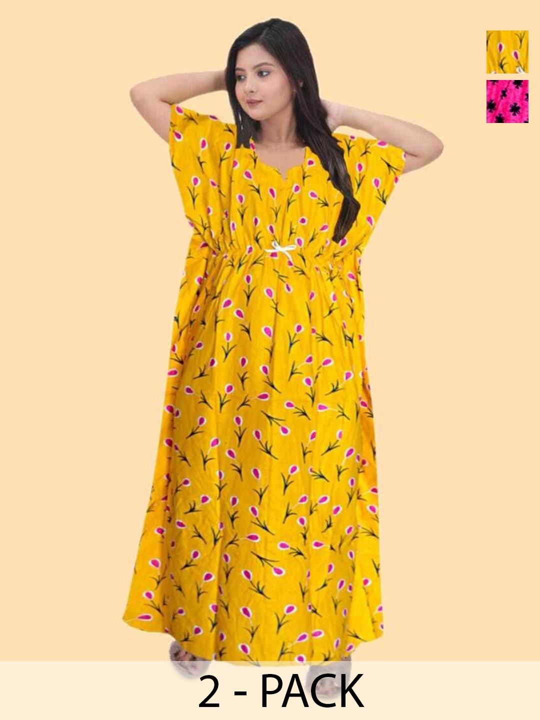 

PR PINK ROYAL Women Pack Of 2 Printed Maxi Nightdress, Yellow
