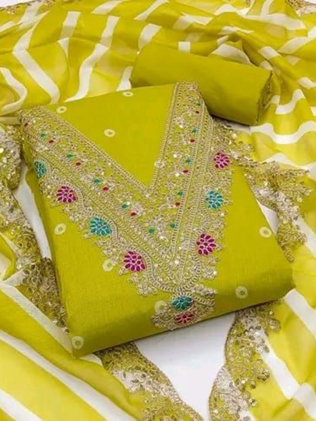 

BlissFlair Floral Embroidered Sequinned Chanderi Cotton Unstitched Dress Material, Green