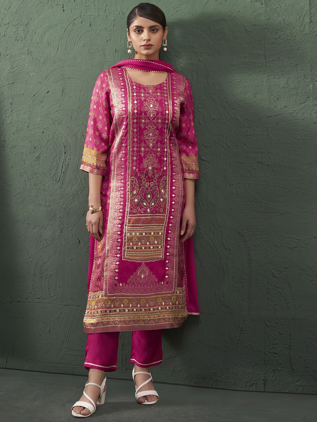 

Anouk Floral Printed Mirror Work Pure Silk Straight Kurta With Trousers & Dupatta, Pink