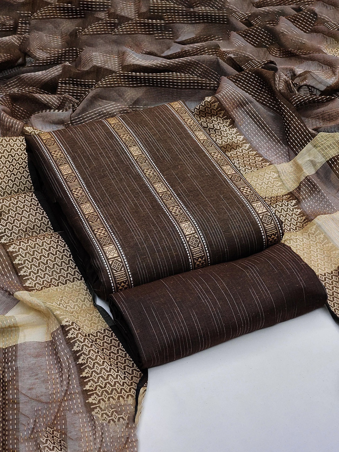 

SAINOOR Ethnic Motifs Woven Design Unstitched Dress Material, Brown