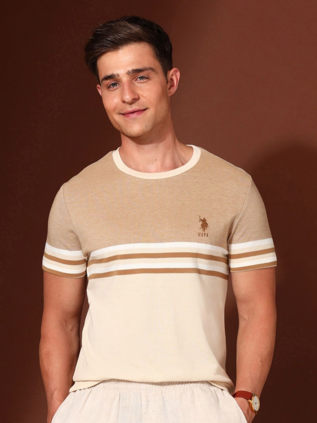 

U.S. Polo Assn. Men Striped Round Neck Cotton Slim Fit T-shirt, Beige