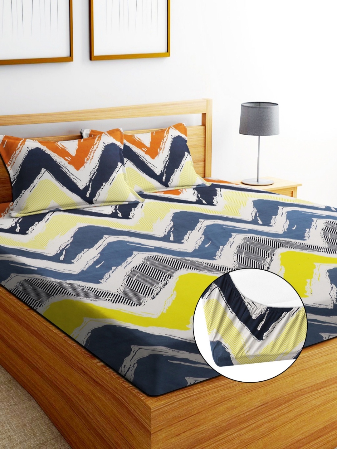 

EXFAB Blue Chevron Printed Pure Cotton Fitted 240 TC King Bedsheet Set 1.98 m x 1.82 m, White