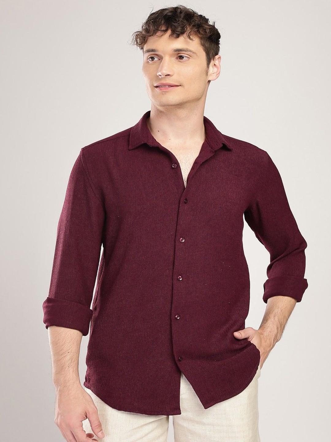 

THE BEETEL HOUSE Men Textured Regular Slim Fit Casual Shirt, Maroon