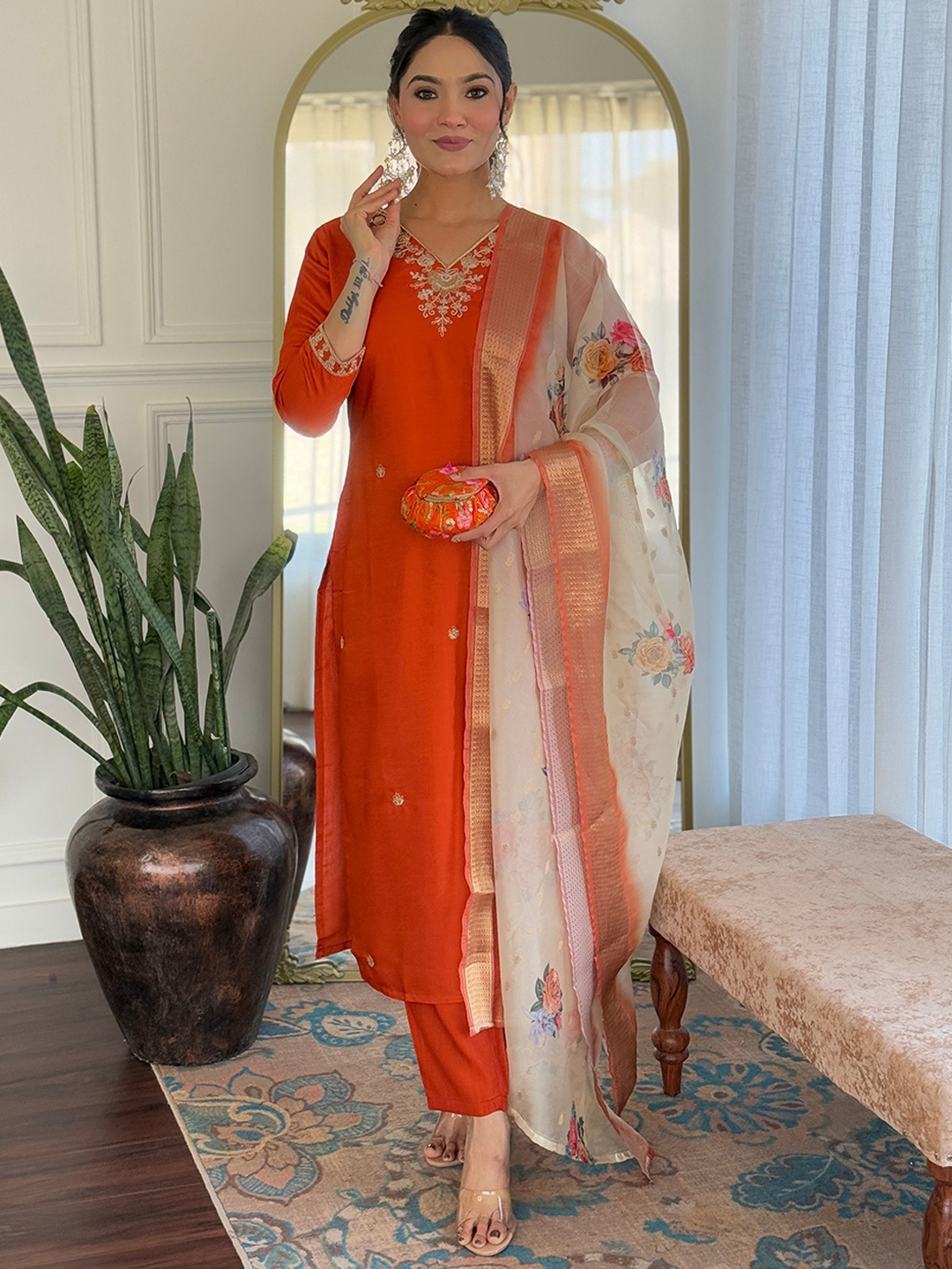 

Navlik Embroidered Straight Kurta With Trouser And Dupatta, Orange