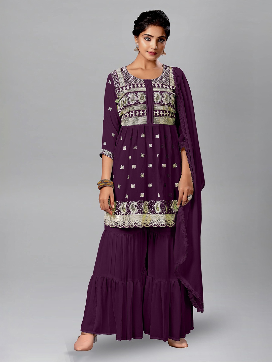 

SANCIA Ethnic Motifs Embroidered A Line Kurti with Sharara & Dupatta, Purple