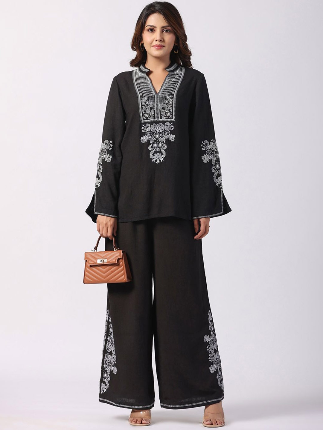 

STIL O STITCH Floral Embroidered Mandarin Collar Flared Sleeves Top With Palazzo, Black