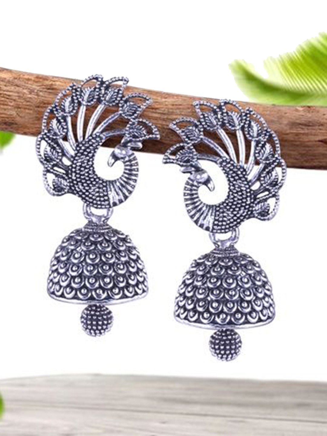 

DIVASTRI Set Of 5 Silver-Plated Peacock Shaped Oxidized Jhumkas