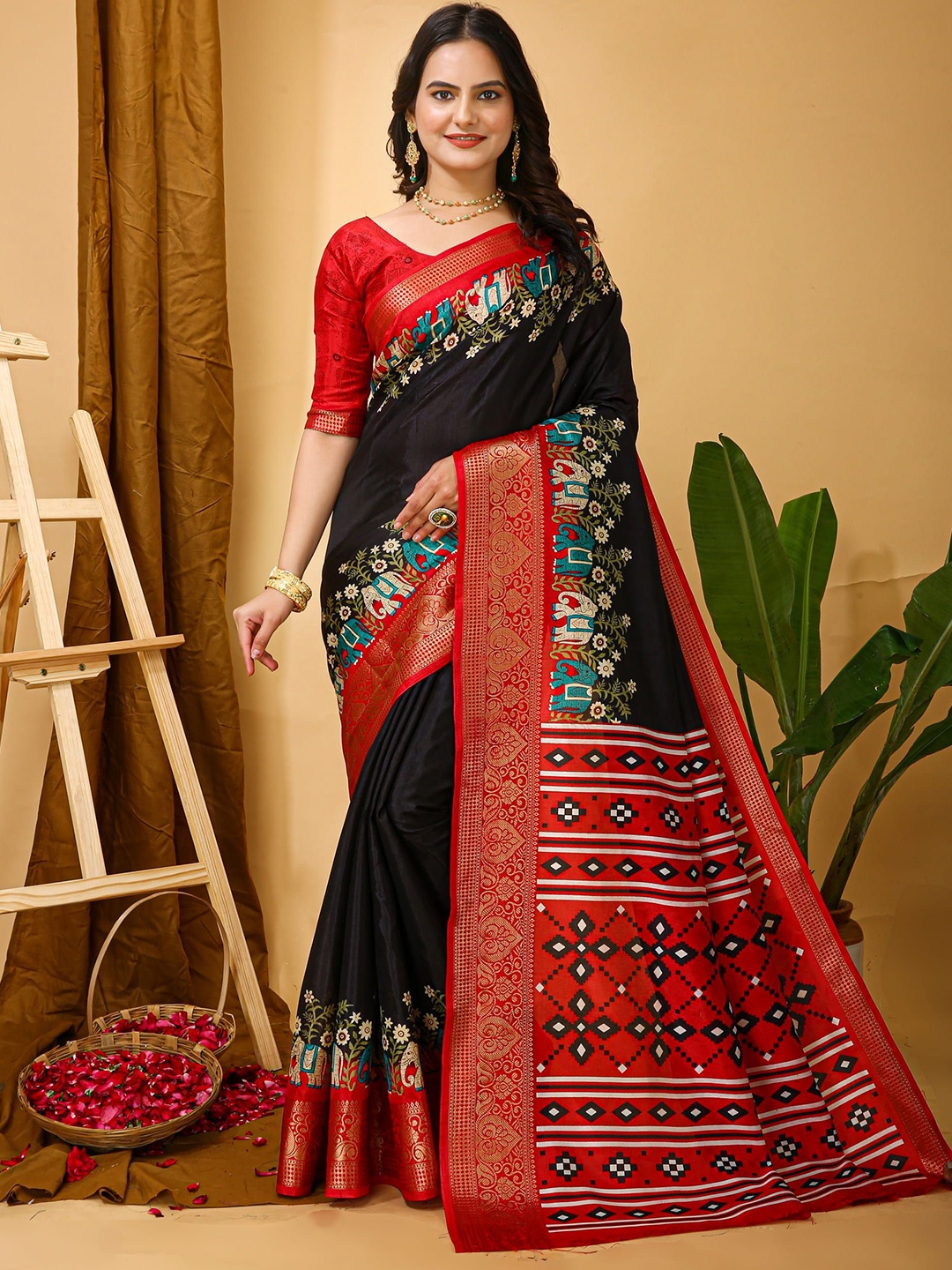 

V3 FASHION STUDIO Ethnic Motifs Zari Art Silk Saree, Black