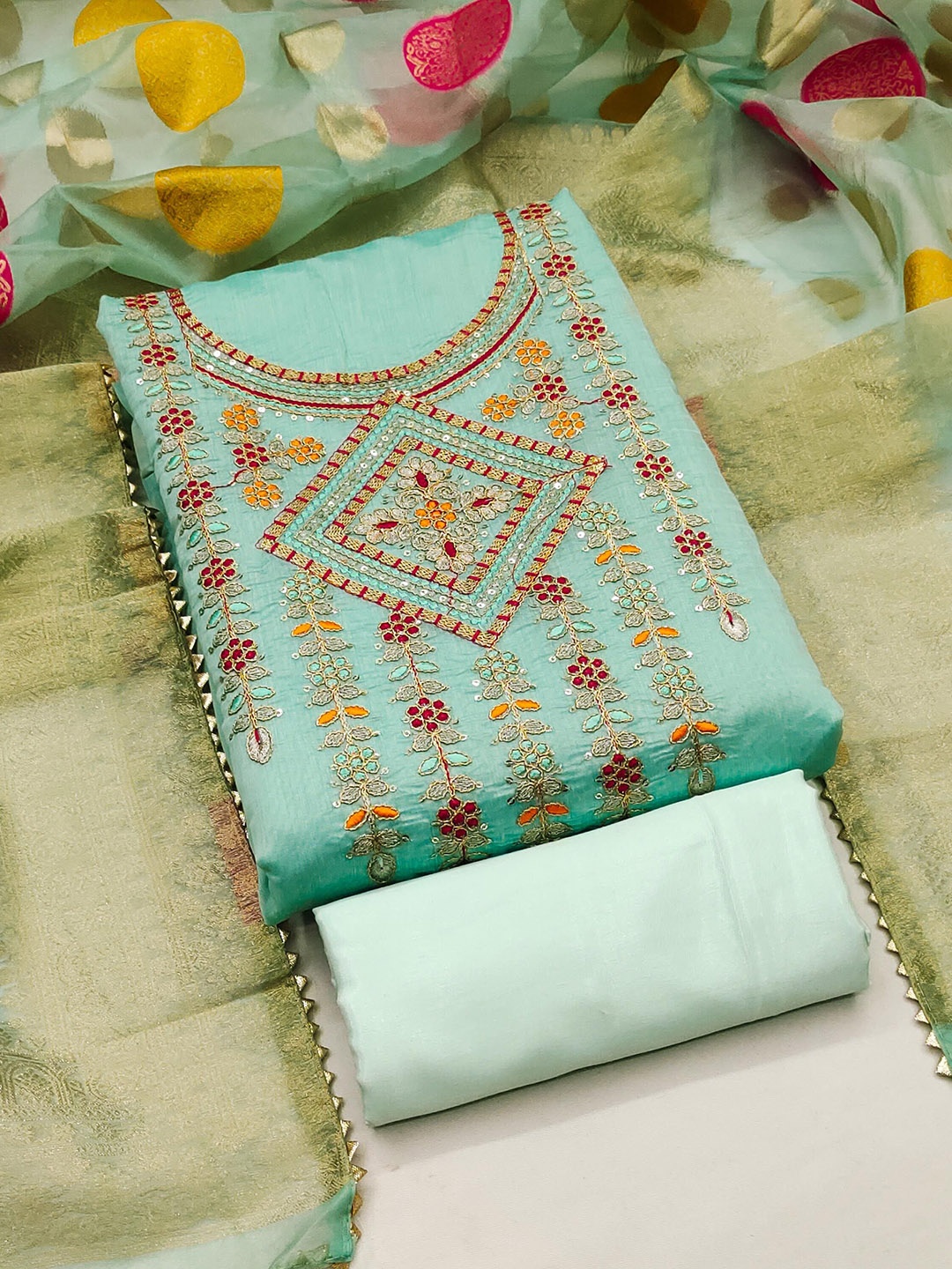 

SAINOOR Floral Embroidered Gotta Patti Chanderi Modal Cotton Unstitched Dress Material, Sea green