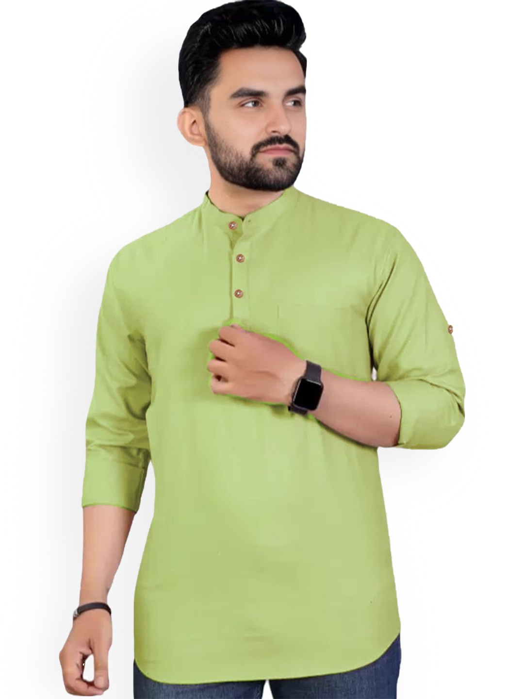 

univibe Band Collar Pure Cotton Straight Slim Fit Short Kurta, Sea green