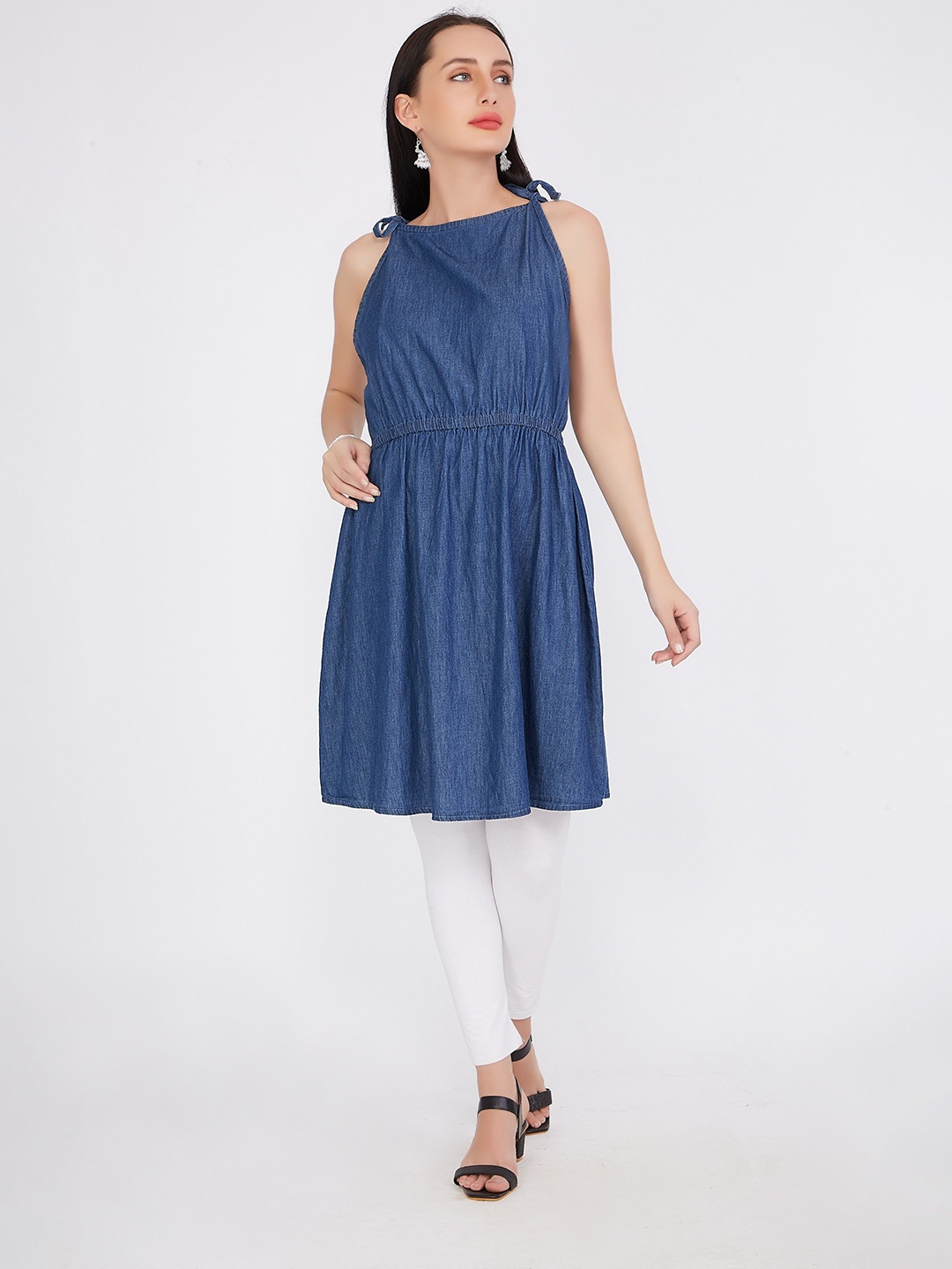 

CEFALU Denim Fit & Flare Midi Dress, Blue