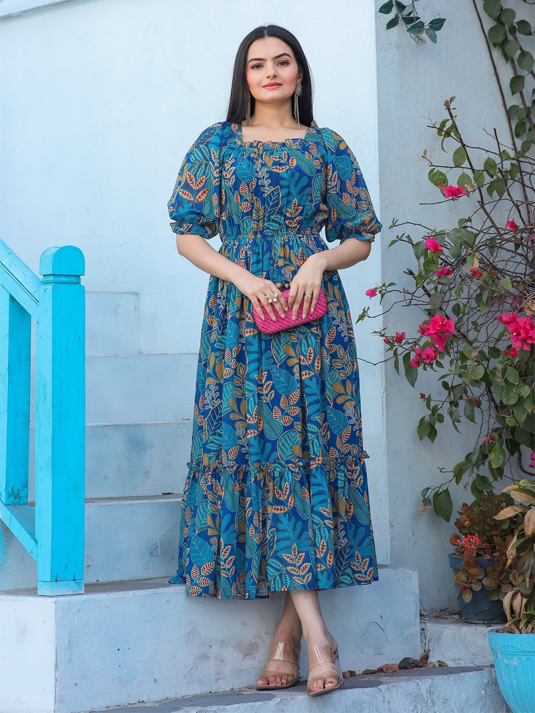 

Femvy Floral Print Puff Sleeve Fit & Flare Midi Dress, Blue