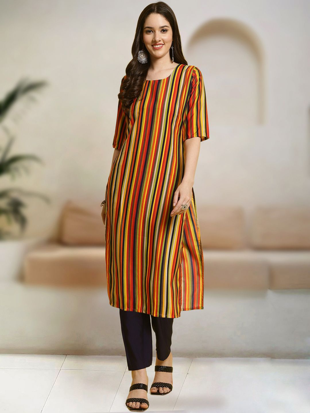 

Moda Rapido Striped Straight Kurta with Trousers, Yellow
