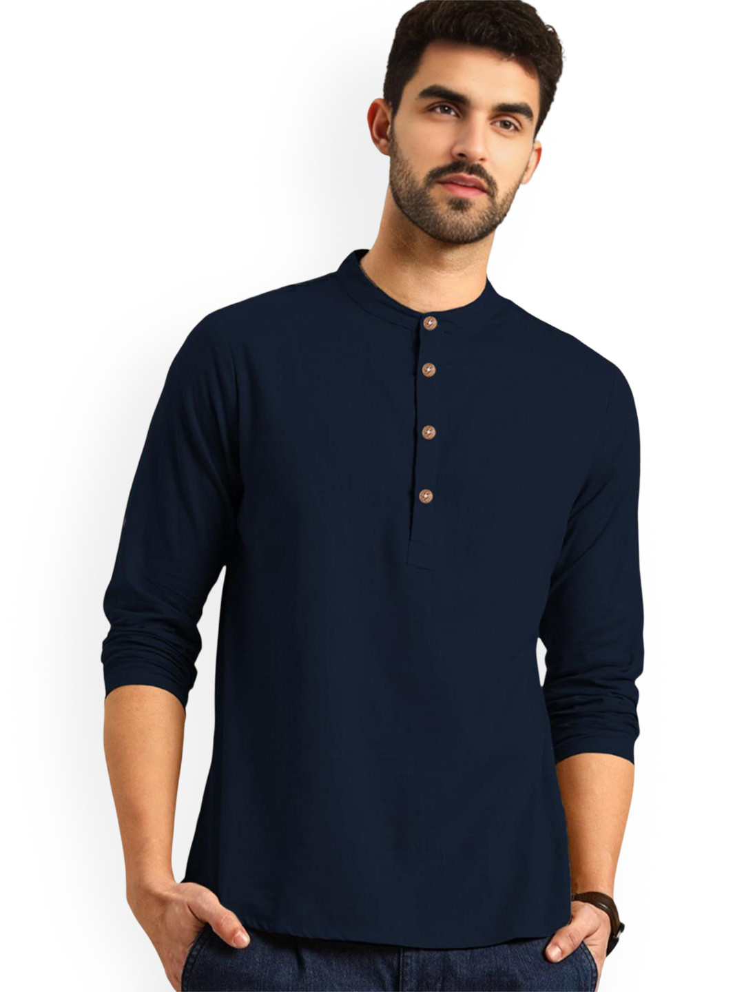 

univibe Band Collar Cotton Straight Slim Fit Short Kurta, Navy blue