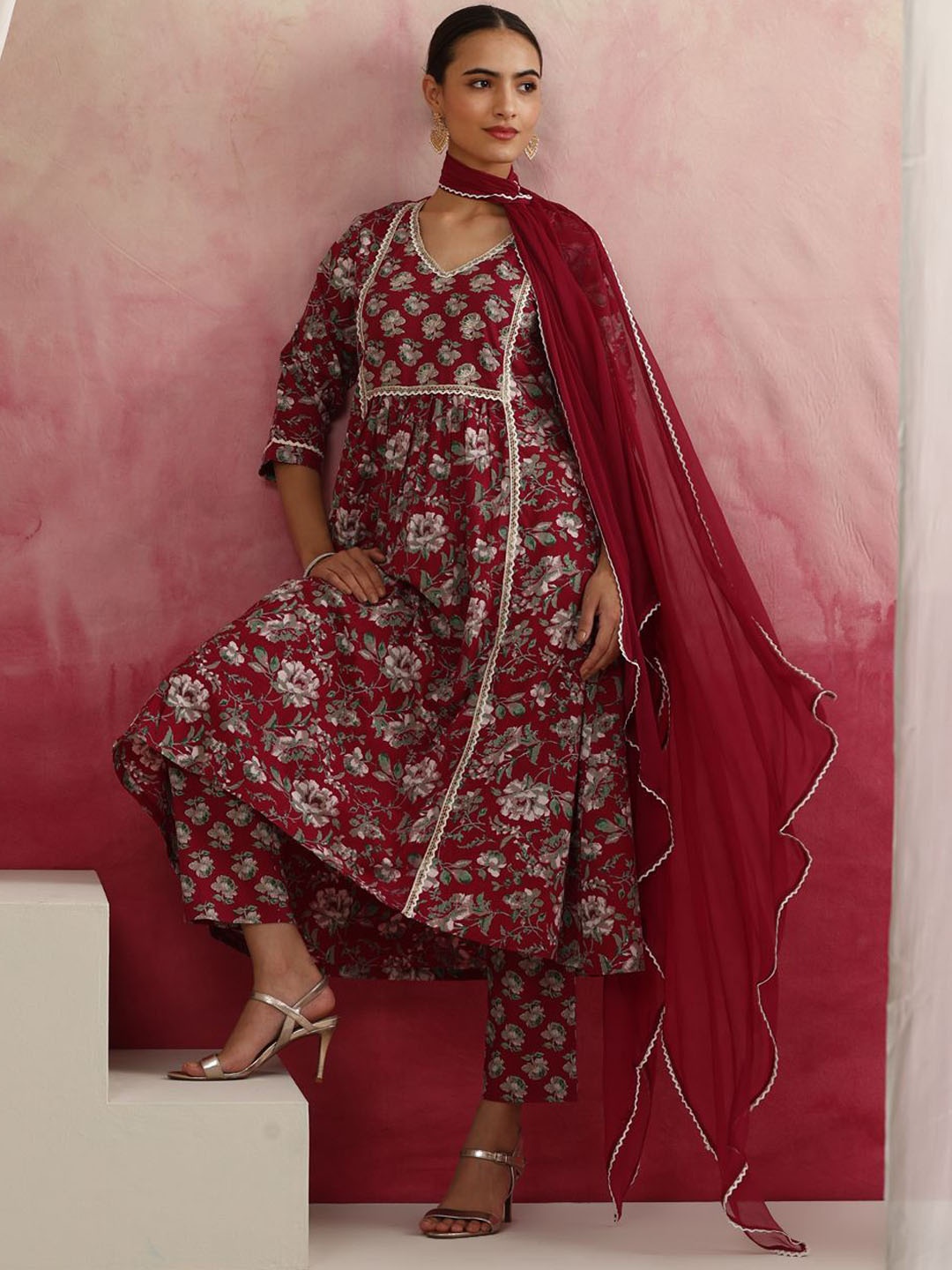 

Khushal K Women Floral Embroidered Regular Pure Cotton Kurta with Palazzos & With Dupatta, Maroon