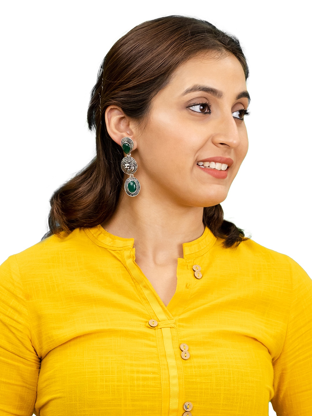 

Shining Jewel - By Shivansh Silver-Plated Stones Studded Lion Design Drop Earrings, Green