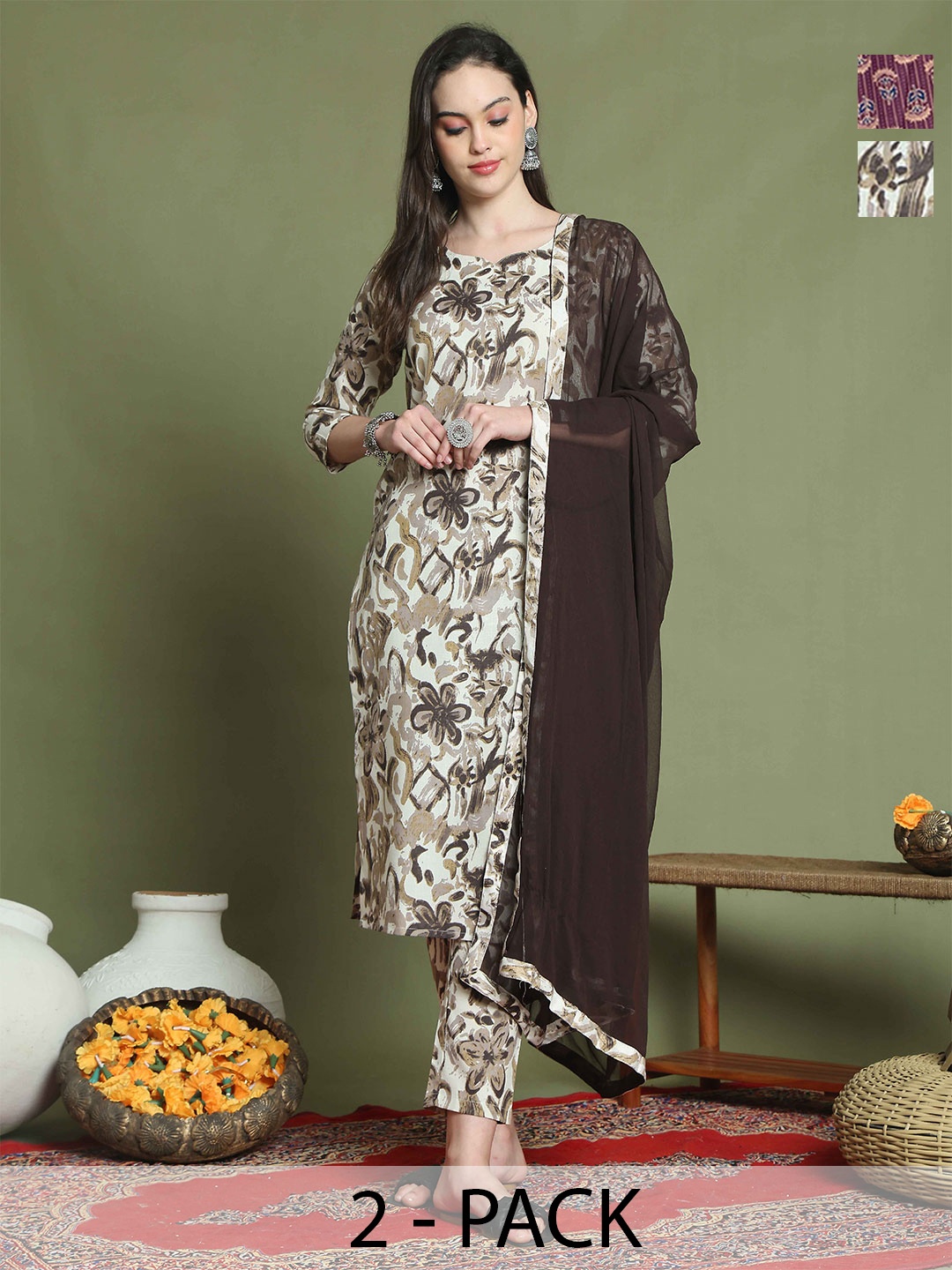 

KALINI Women Floral Printed Regular Kurta with Trousers & With Dupatta, Off white
