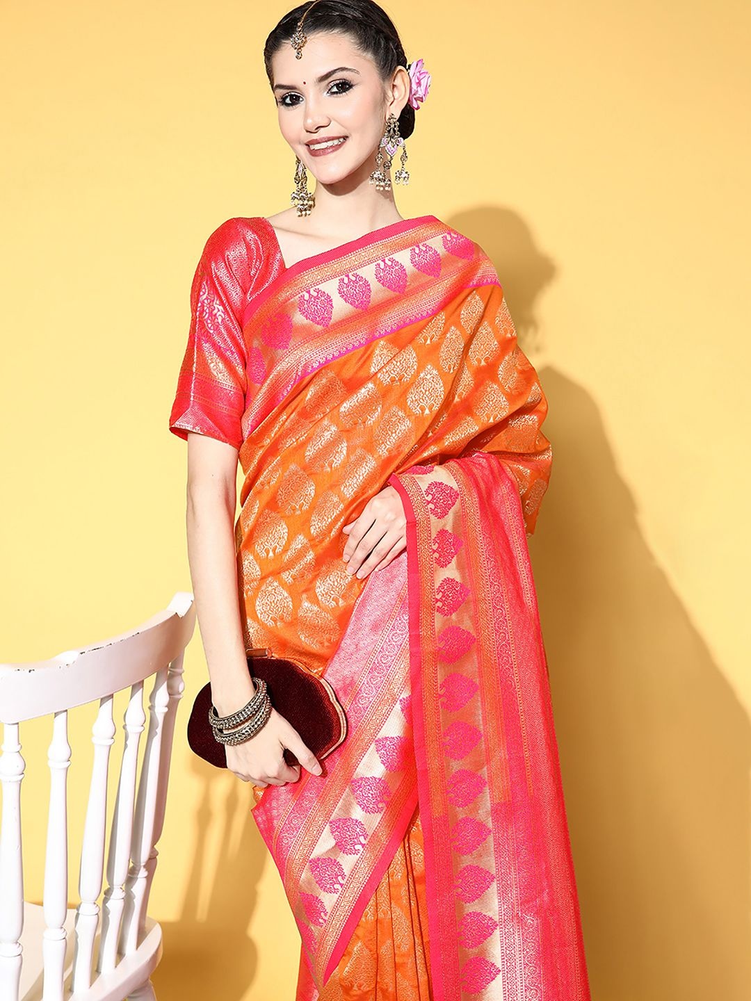 

Mitera Woven Design Zari Silk Blend Dharmavaram Saree, Orange
