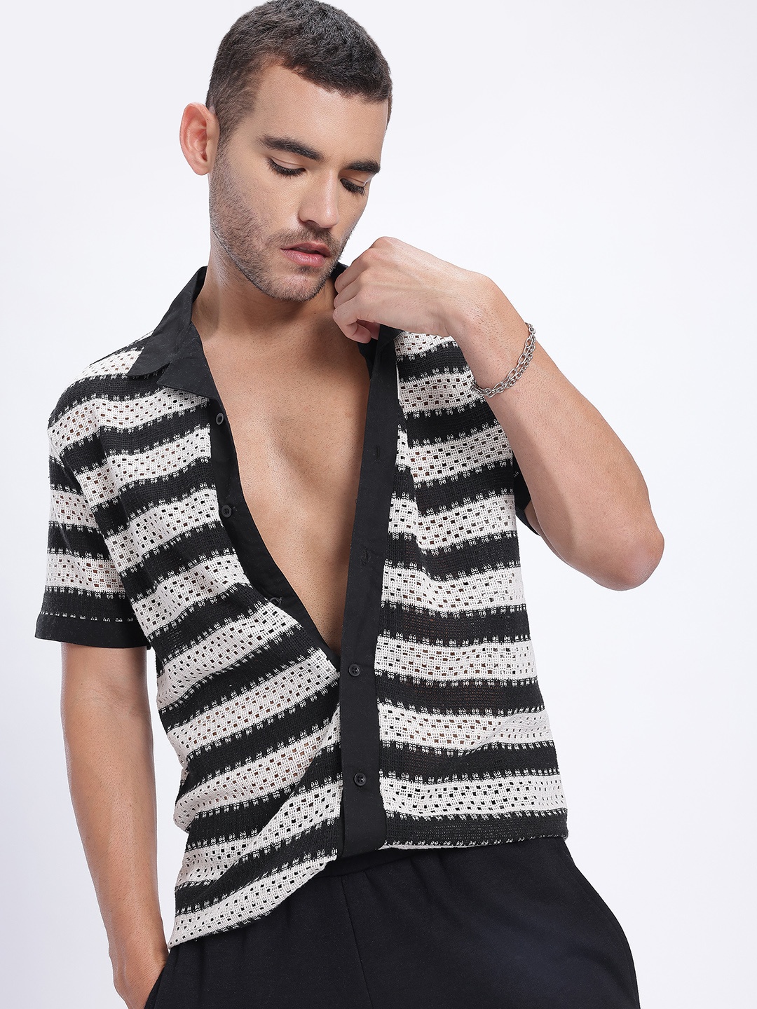 

glitchez Resort Ready Striped Open Knit Regular Fit Shirt, Black