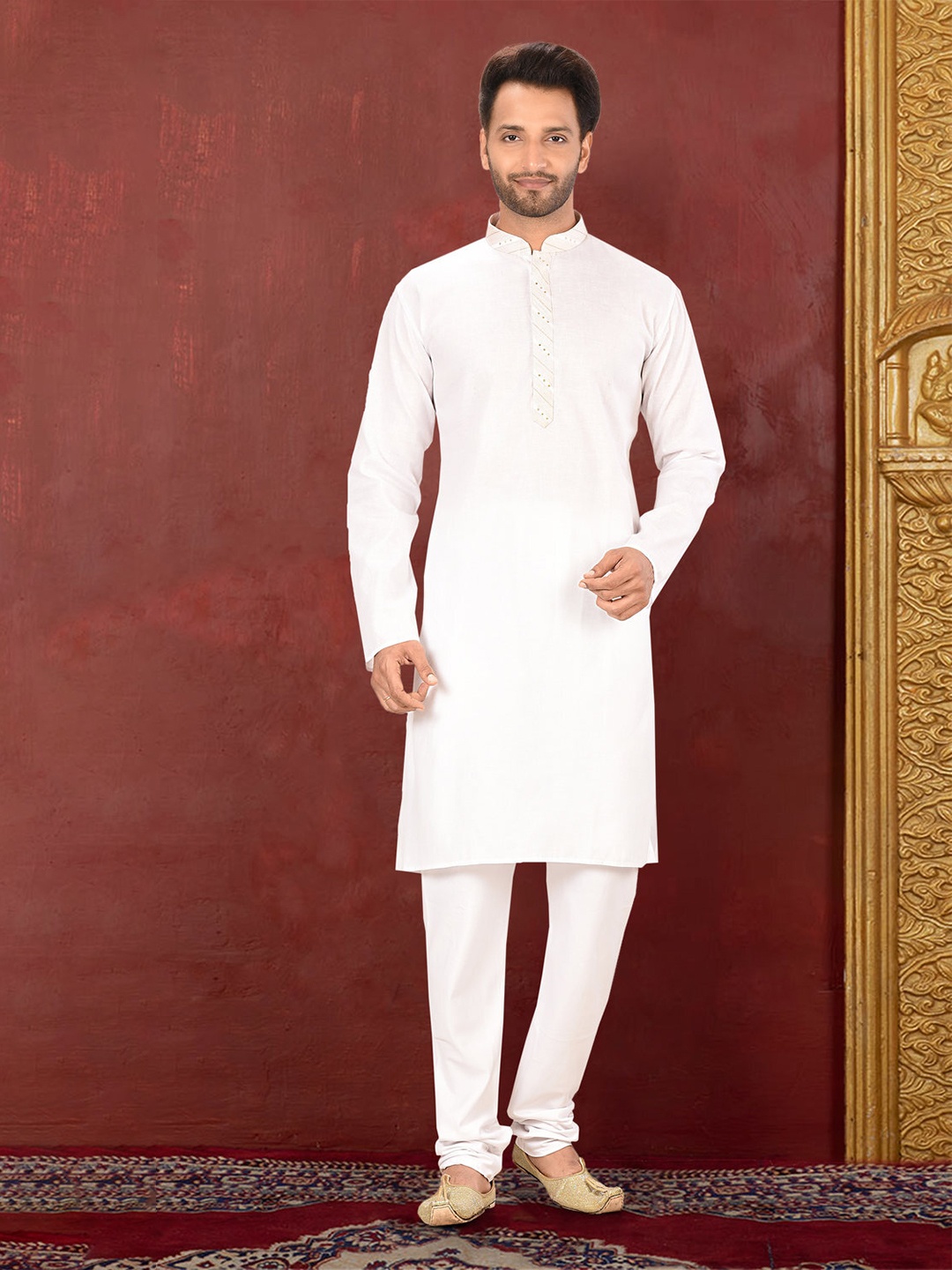 

RANAK Thread Work Mandarin Collar Organic Cotton Straight Kurta, White