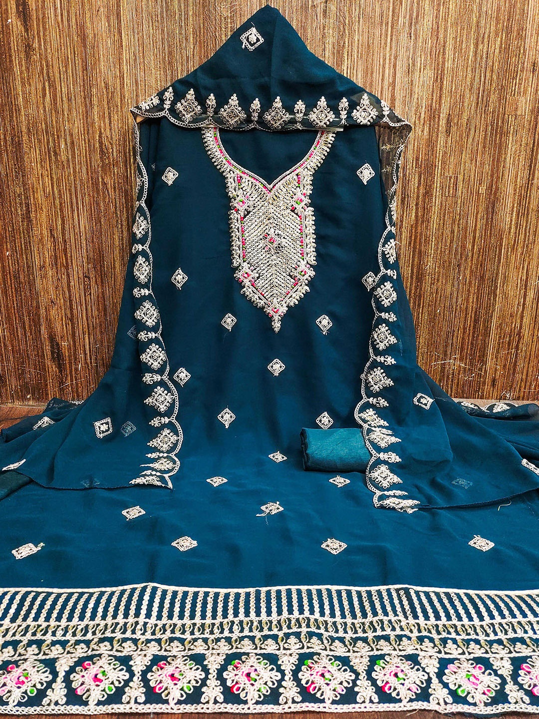 

SAINOOR Floral Embroidered Sequnnied Silk Georgette Unstitched Dress Material, Teal