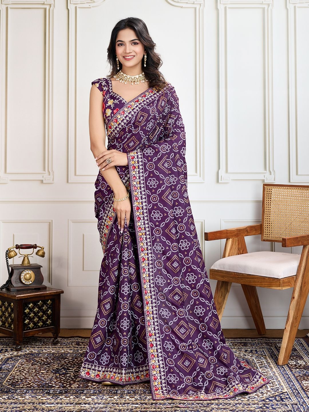 

House of Pataudi Panetar Bandhani Printed With Embroidered Saree With Unstitched Blouse, Purple