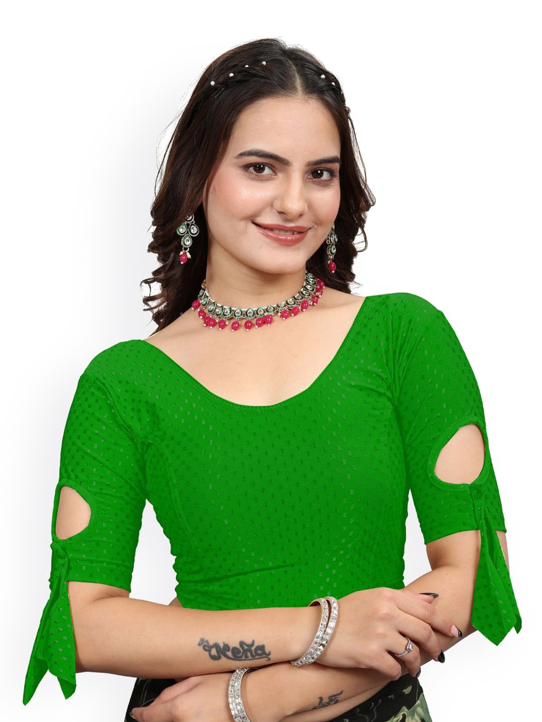 

SS Sanket Synthetics Self Design Stretchable Saree Blouse, Green