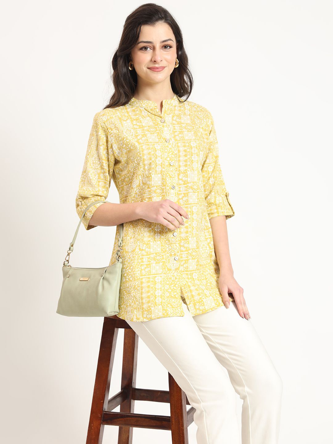 

KALINI Print Mandarin Collar Roll-Up Sleeves Cotton Shirt Style Top, Yellow