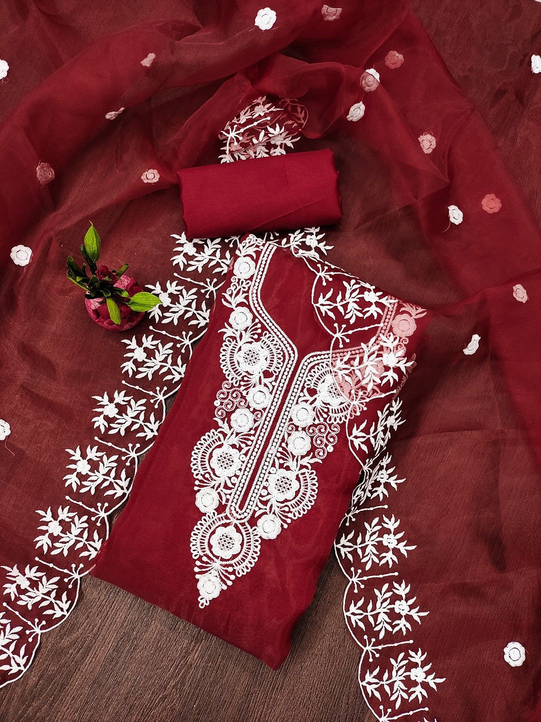 

Rangtulika Ethnics Floral Embroidered Organza Unstitched Dress Material, Red