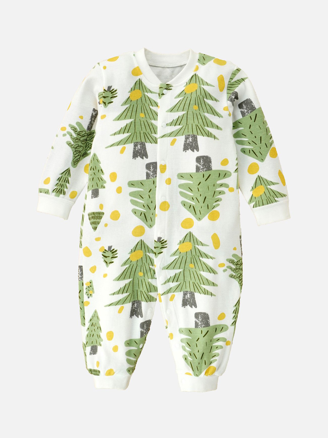 

Little Surprise Box LLP Kids Xmas Tree Printed Full Sleeves Jumpsuit Style Rompers, White
