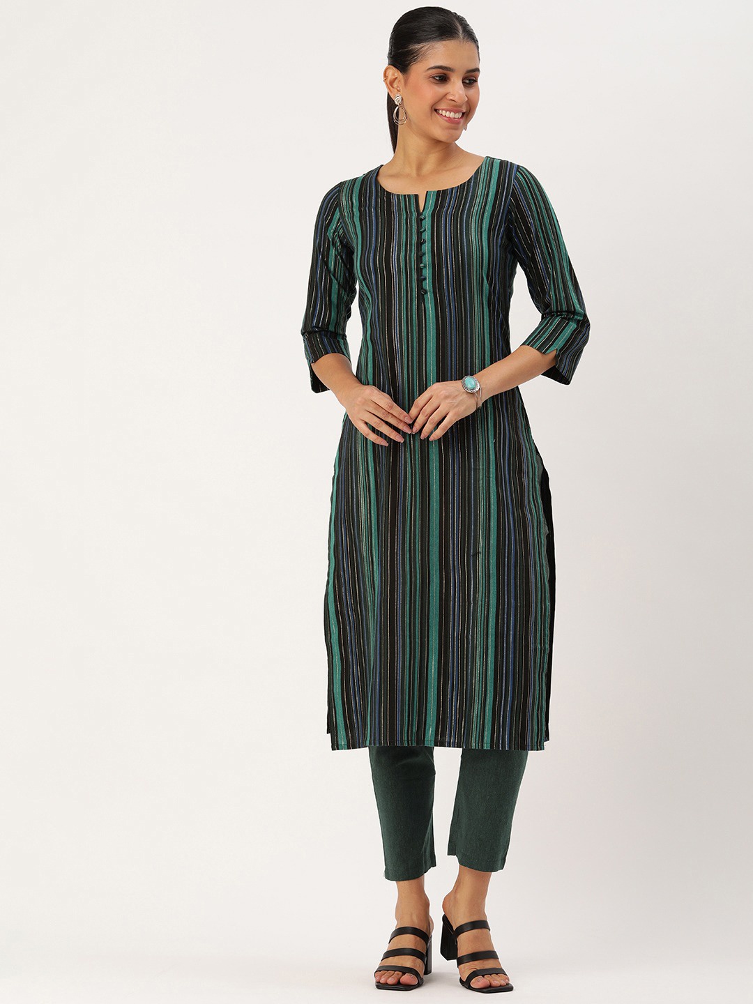 

HRITIKA Striped Notch Neck Three-Quarter Sleeves Straight Kurta With Trouser, Green
