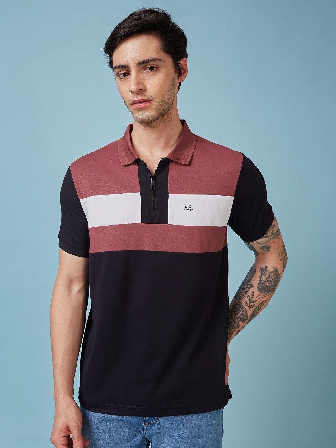

Status Quo Men Striped Polo Collar Regular Fit T-shirt, Black