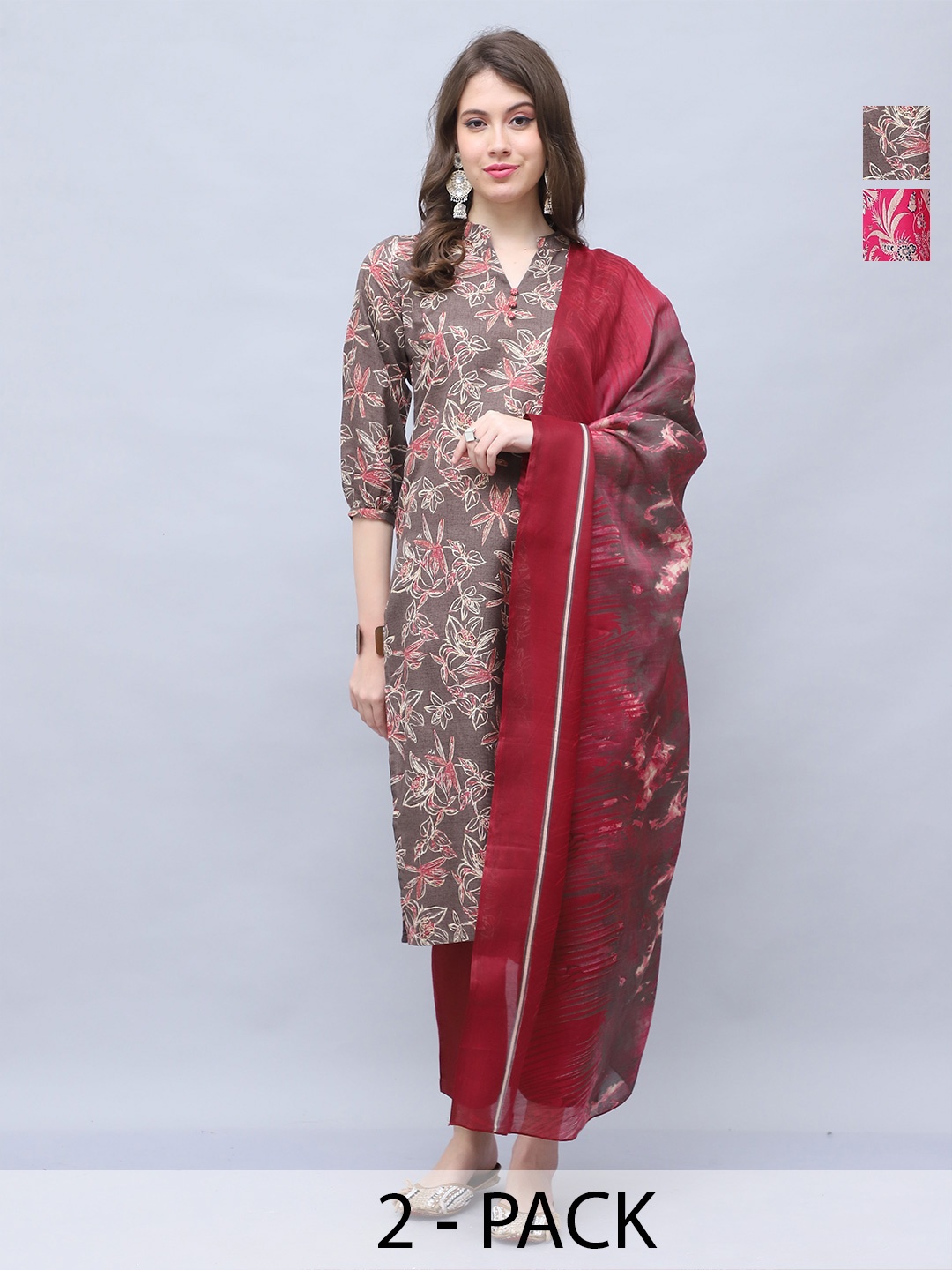 

Rajnandini Selection Of 2 Floral Printed Straight Kurta With Trouser & Dupatta, Brown