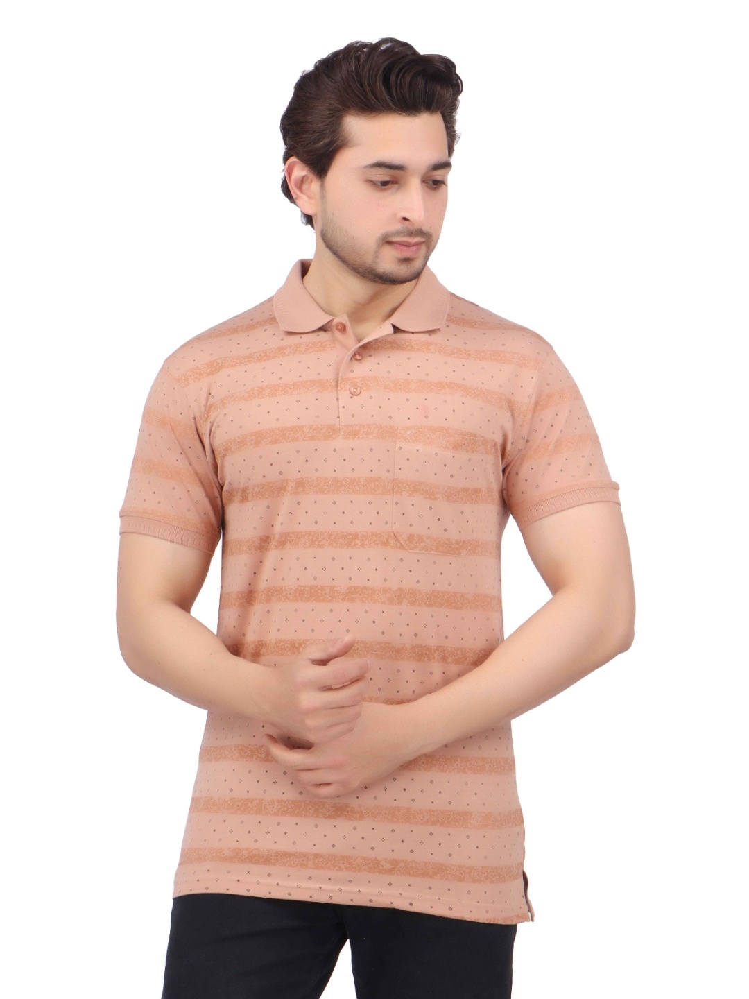 

ARMENOR Men Striped Henley Neck Extended Sleeves Pockets T-shirt, Rust
