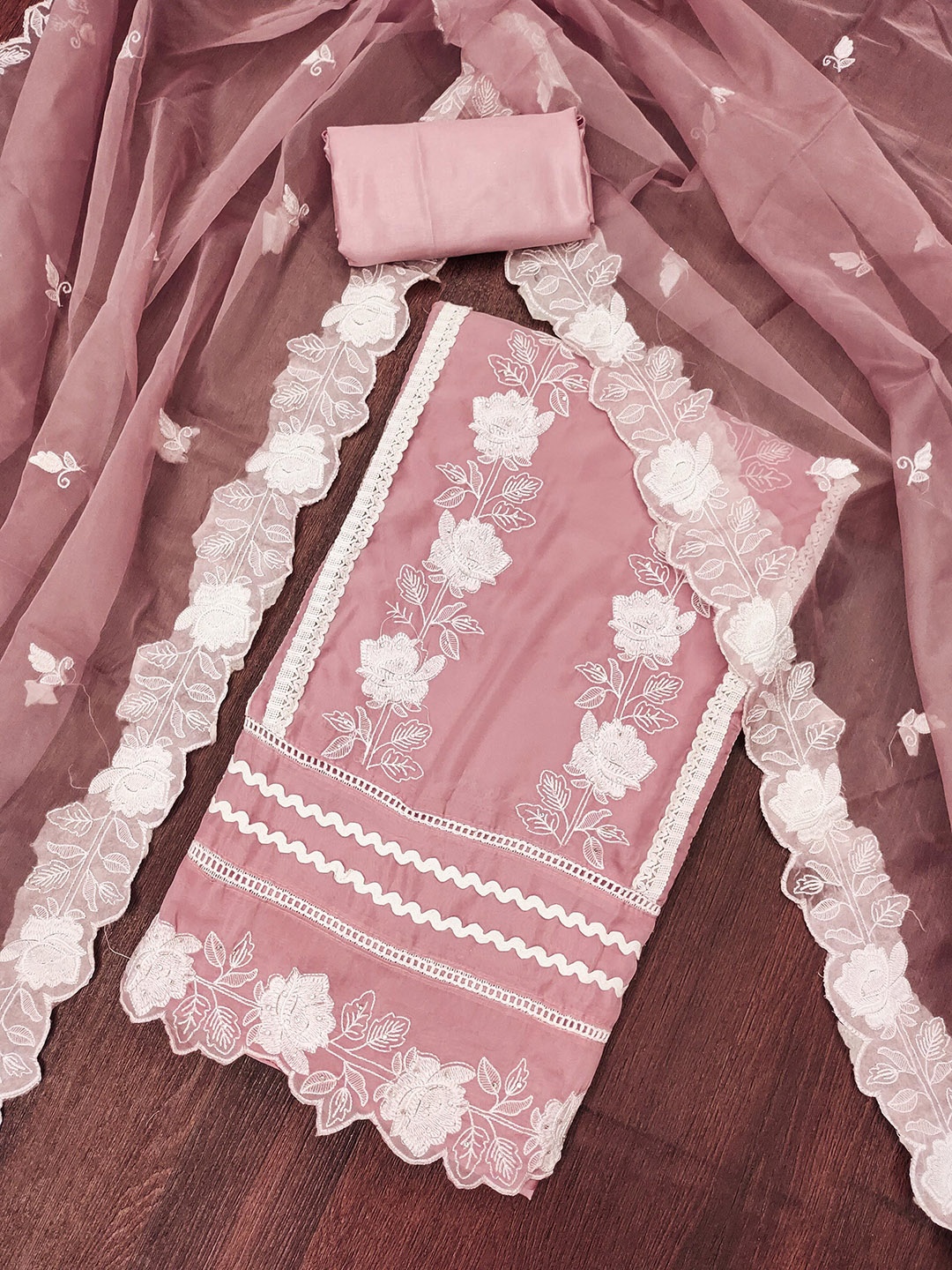 

SAINOOR Embroidered Organza Semi-Stitched Dress Material, Pink