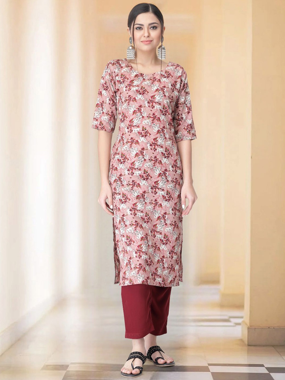 

Moda Rapido Floral Printed Round Neck Straight Kurta With Trouser, Peach