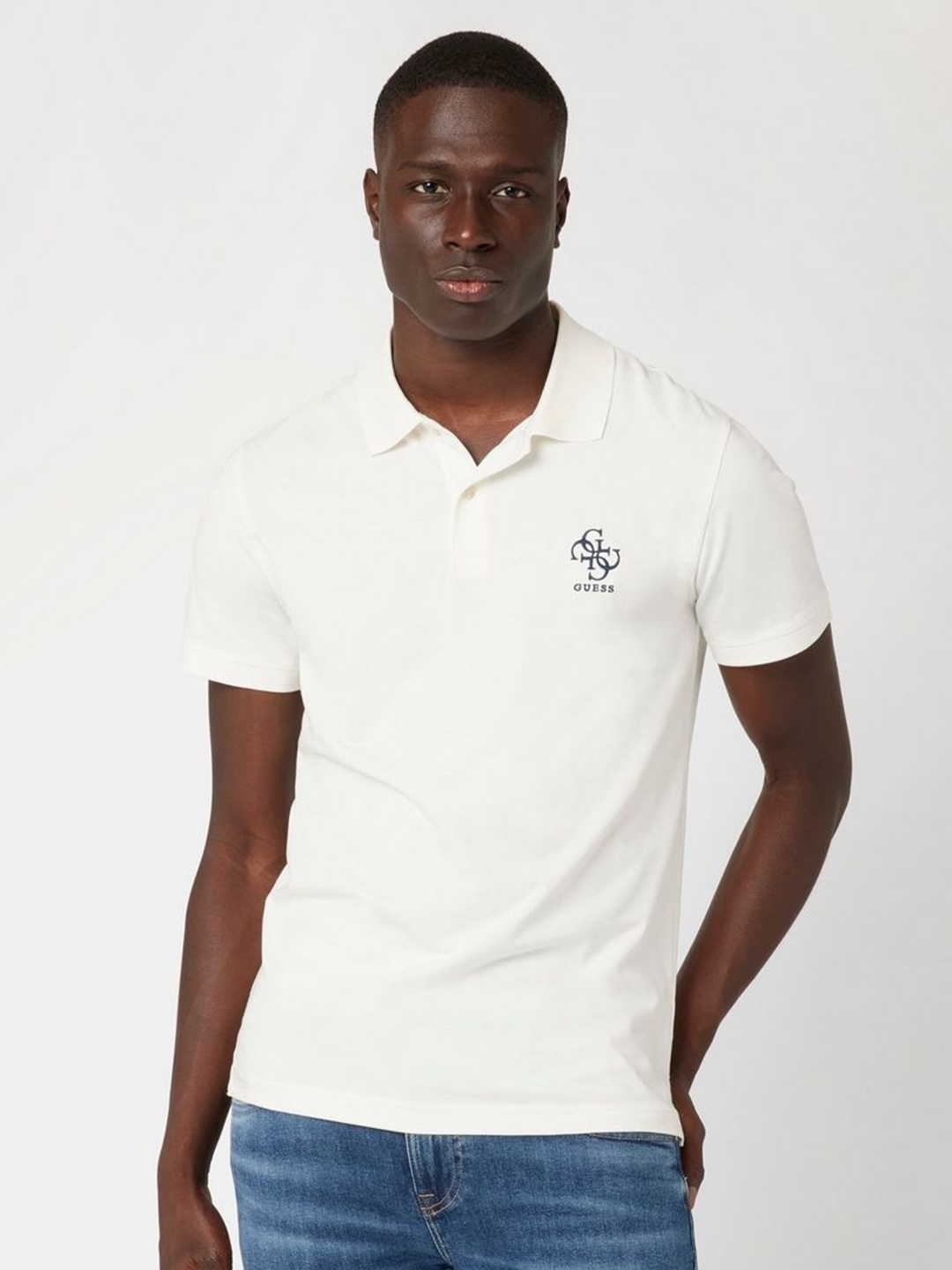 

GUESS Men Solid Polo Collar Cotton T-shirt, White