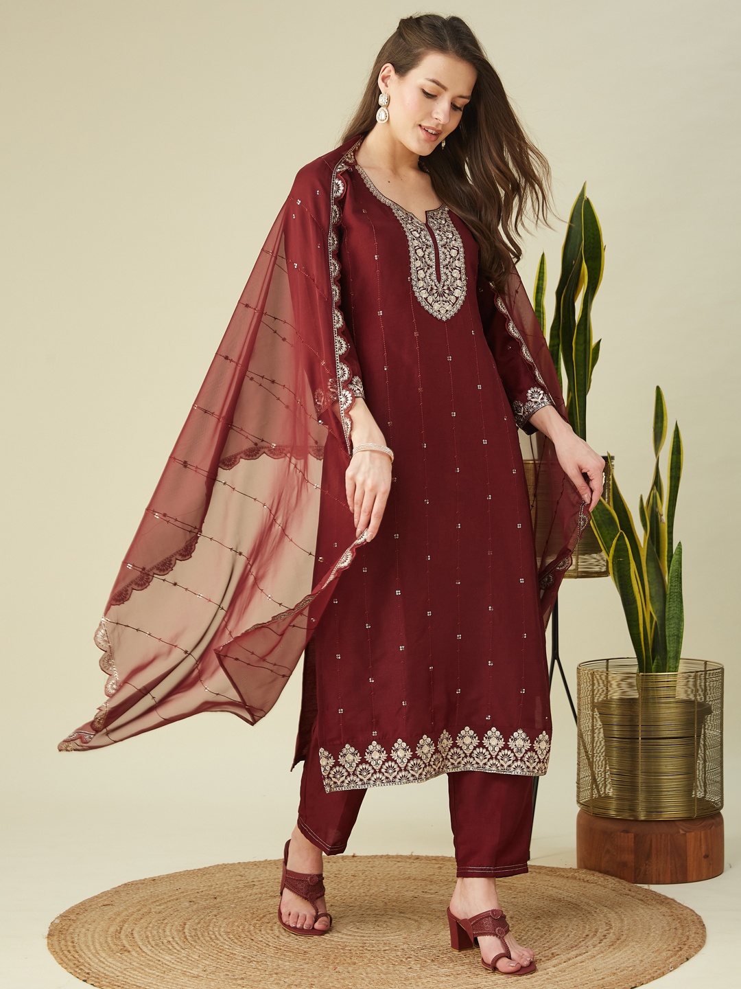 

MOKOSH Floral Embroidered Sequinned Round Neck Straight Kurta with Trousers & Dupatta, Maroon