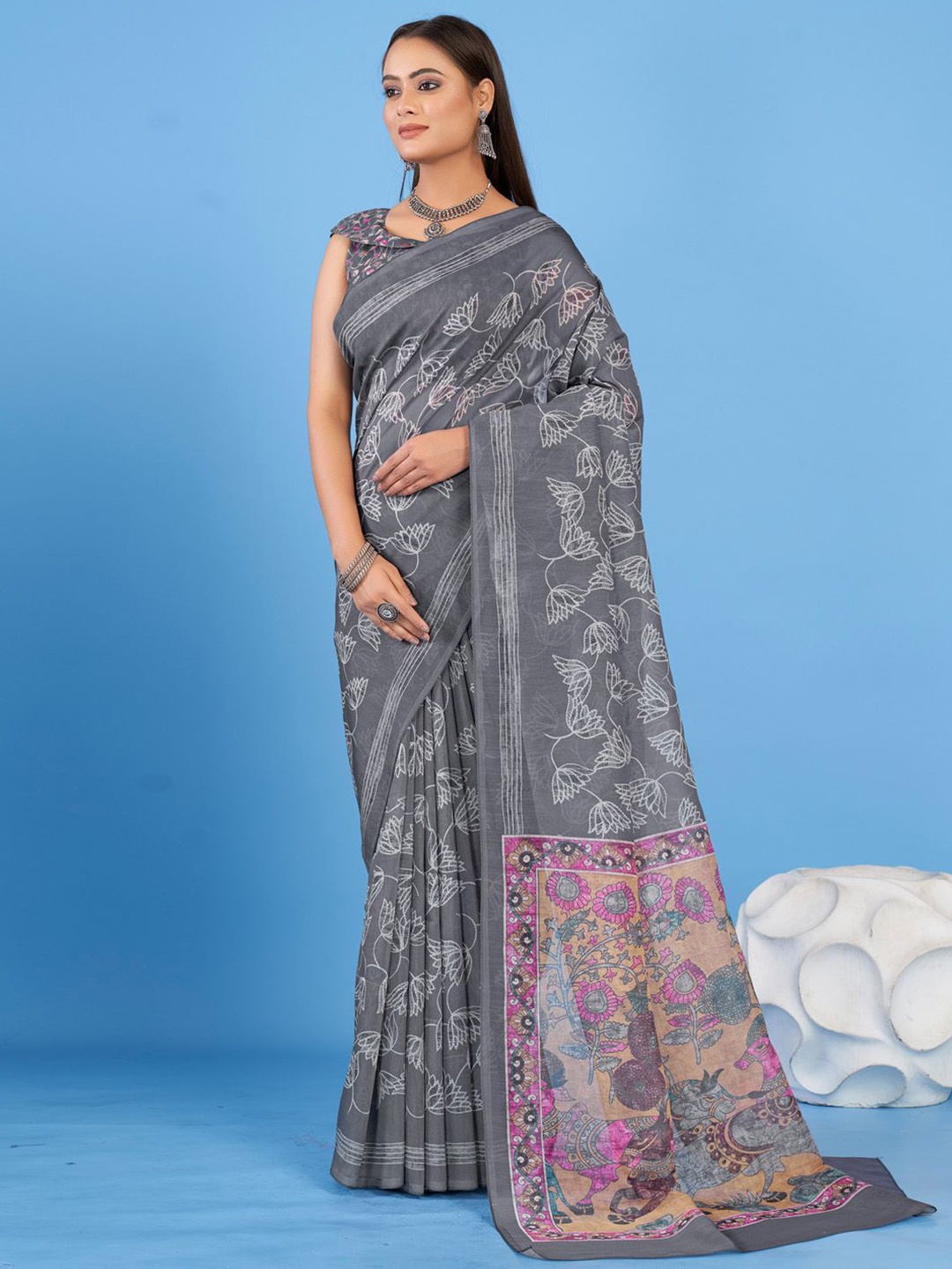 

Anouk Rustic Floral Linen Blend Bagh Saree, Grey