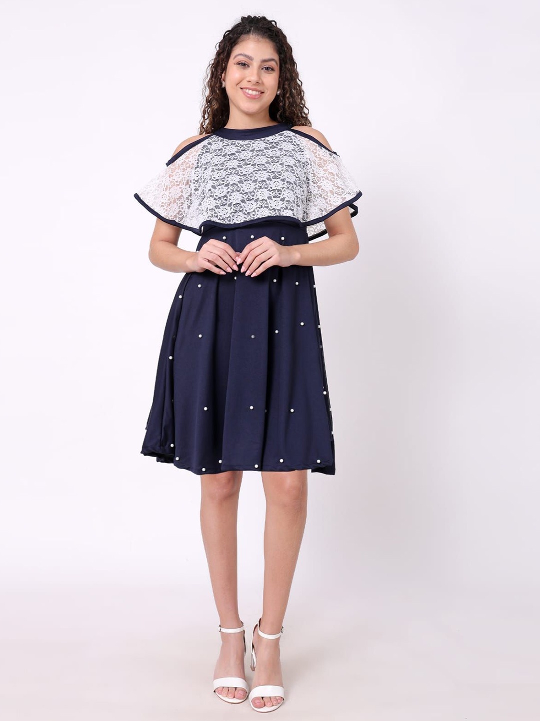 

ORIEX THE ORIGINAL FASHION Polka Dot Cold-Shoulder Net A-Line Dress, Blue