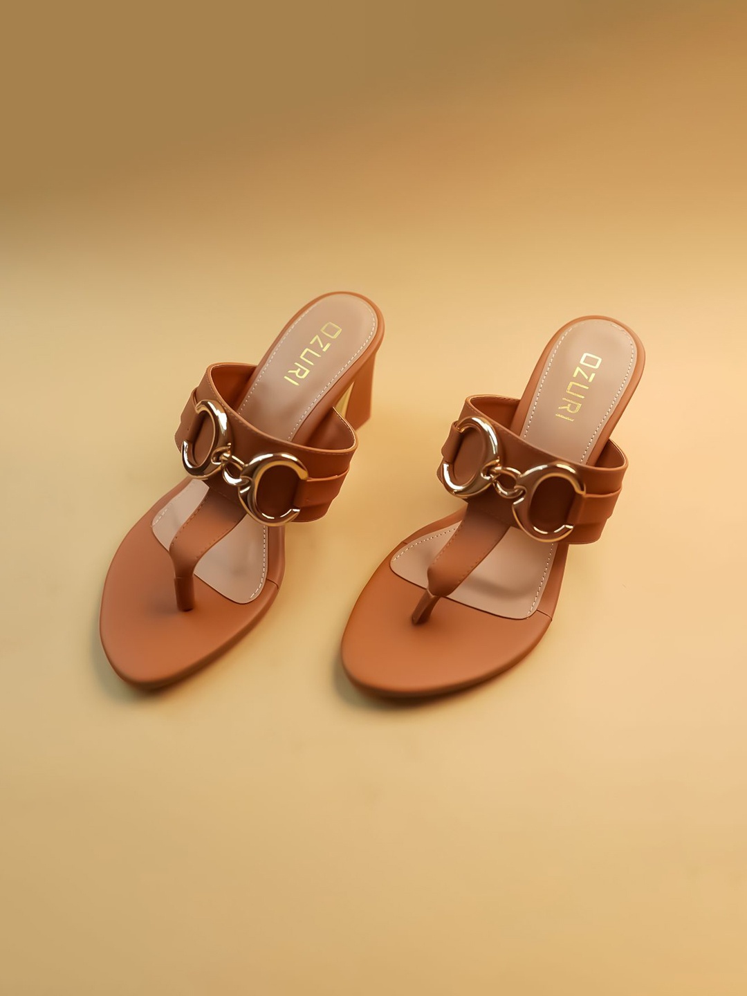 

Ozuri Embellished Party Block Sandals with Buckles, Tan