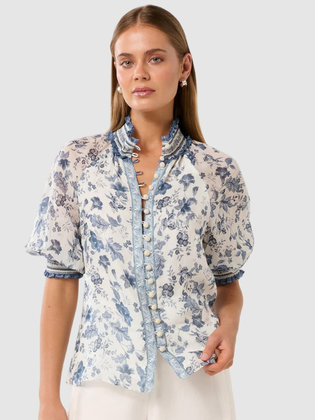 

Forever New Floral Print Mandarin Collar Bishop Sleeves Blouson Top, Multi