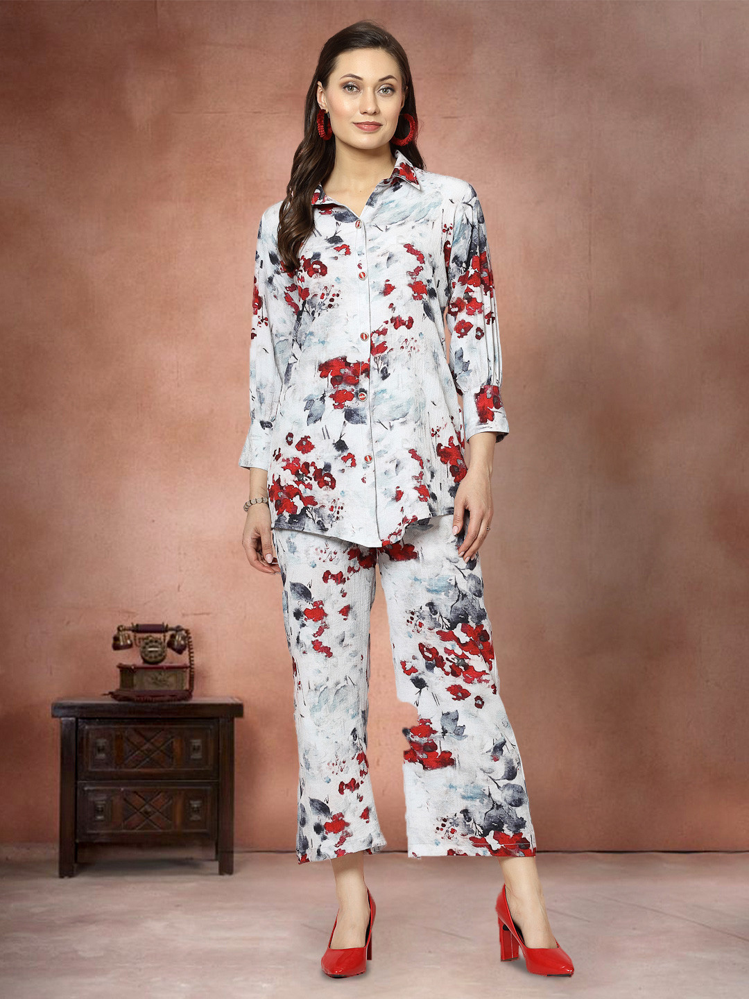 

Moda Rapido Floral Printed Shirt Collar Neck Shirt With Trousers Co-Ords, Red