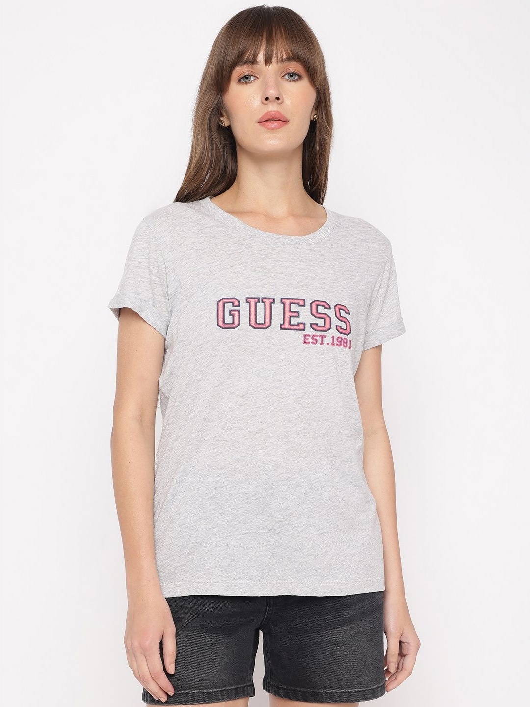 

GUESS Women Typography Printed Round Neck Cotton T-shirt, Grey