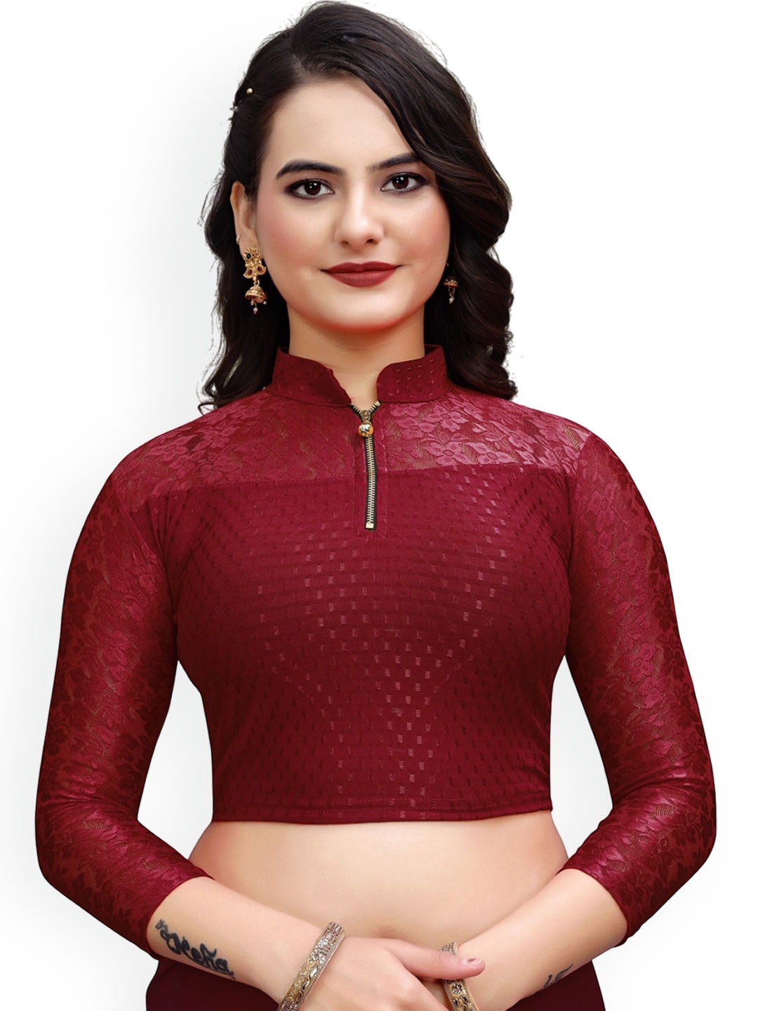 

SS Sanket Synthetics Mandarin Collar Net Saree Blouse, Maroon