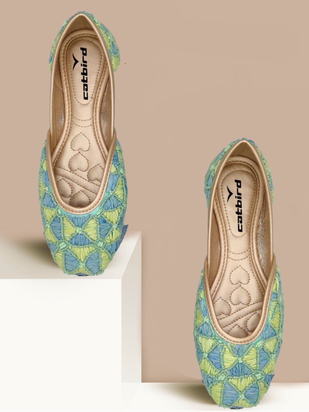 

CATBIRD Women Round Toe Ethnic Mojaris Flats, Sea green