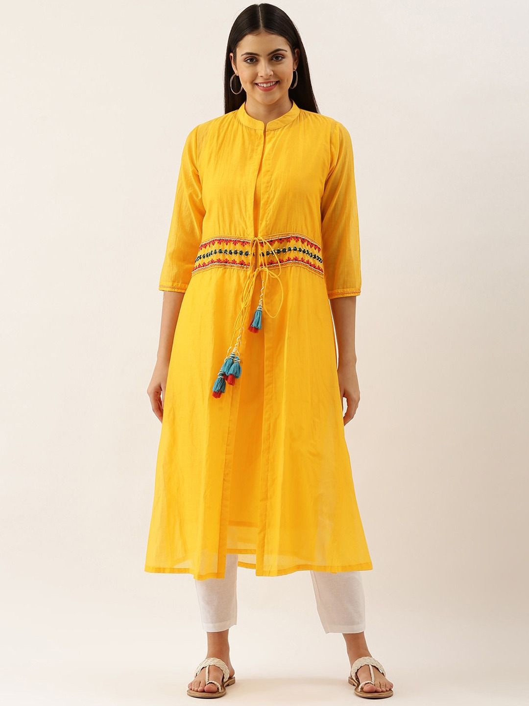 

KALINI Round Neck Sleeveless Straight Kurta With Embroidered Shrug, Yellow