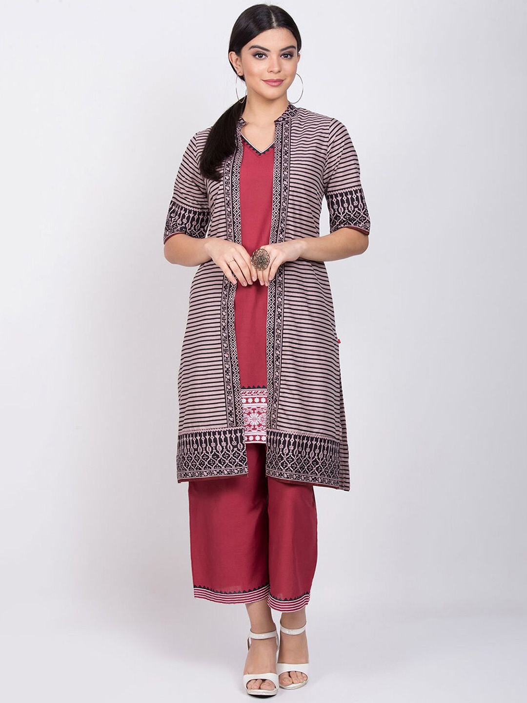 

Biba Ethnic Motifs V Neck Pure Cotton Straight Kurta With Palazzos & Jacket, Maroon